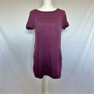Cable Knit Short Sleeve Sweater‎ Dress Purple Casual Tunic Wool Vertical Design